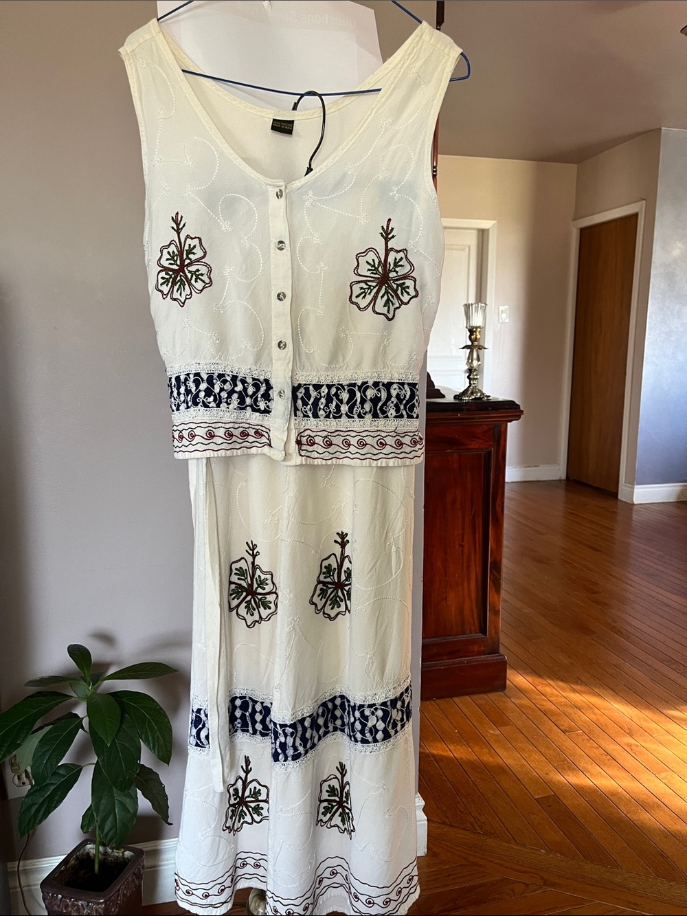 Boho White Embroidered Maxi Dress with Navy Trim